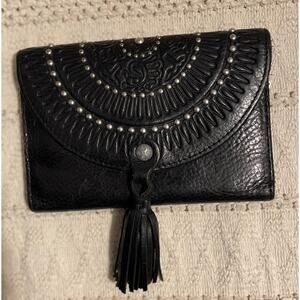 Patricia Nash Colli Black Leather Tooled Studded Fringe Tassel Wallet Clutch